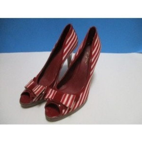 *Sergio Zelcer Vintage Red and White Striped Fabric Patent Peep Toe Pumps - Picture 1 of 10